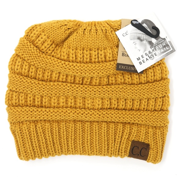 Mustard C.C. Ponytail Messy Bun Beanie New! - Picture 1 of 1